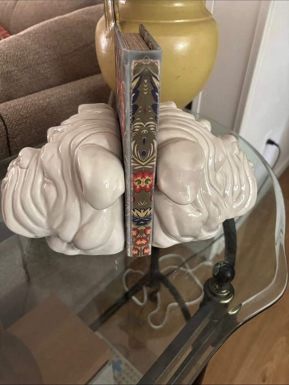 Pair of 1976 Fitz and Floyd White Ceramic Bulldog Head Bookends